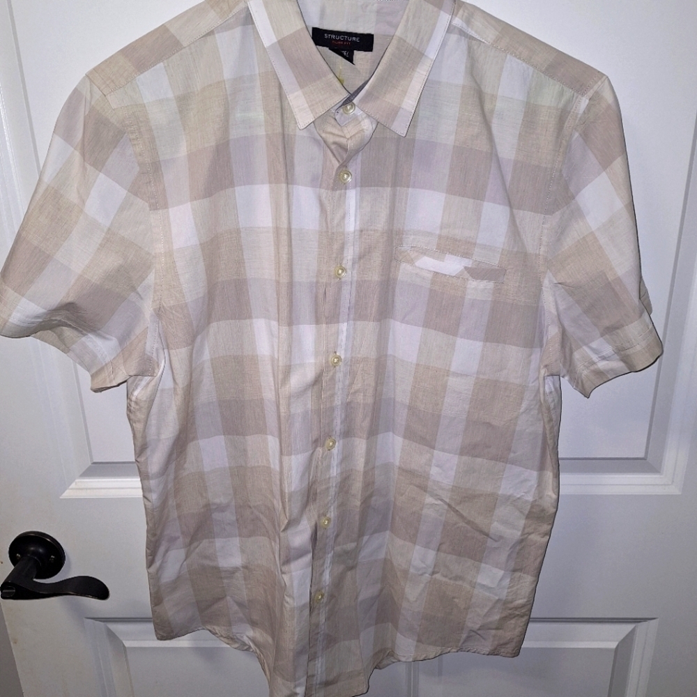 A Structure Slim Fit short sleeve button-down color block shirt in large